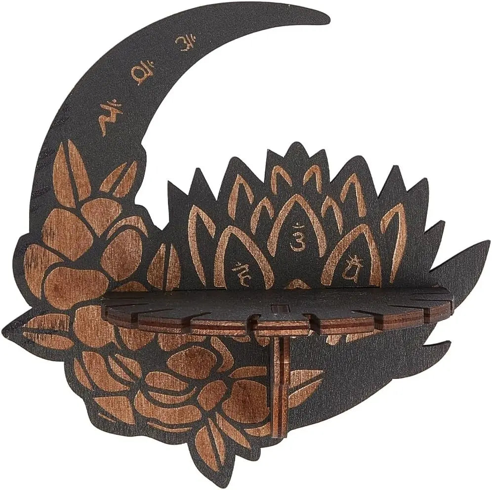 Lotus Moon Crystal Shelf – Rustic Wooden Wall Shelf for Crystals, Essential Oils & Trinkets – Boho Spiritual Home Decor