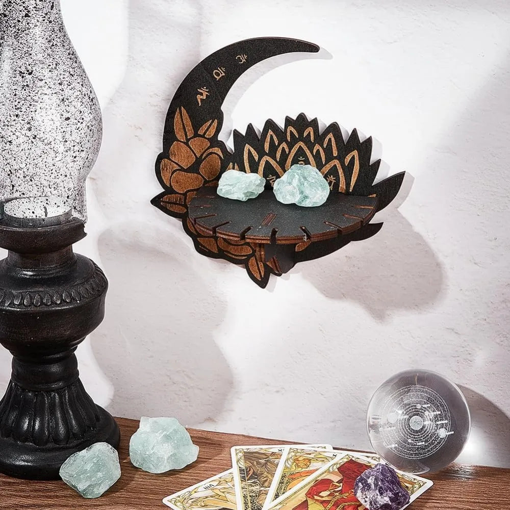 Lotus Moon Crystal Shelf – Rustic Wooden Wall Shelf for Crystals, Essential Oils & Trinkets – Boho Spiritual Home Decor