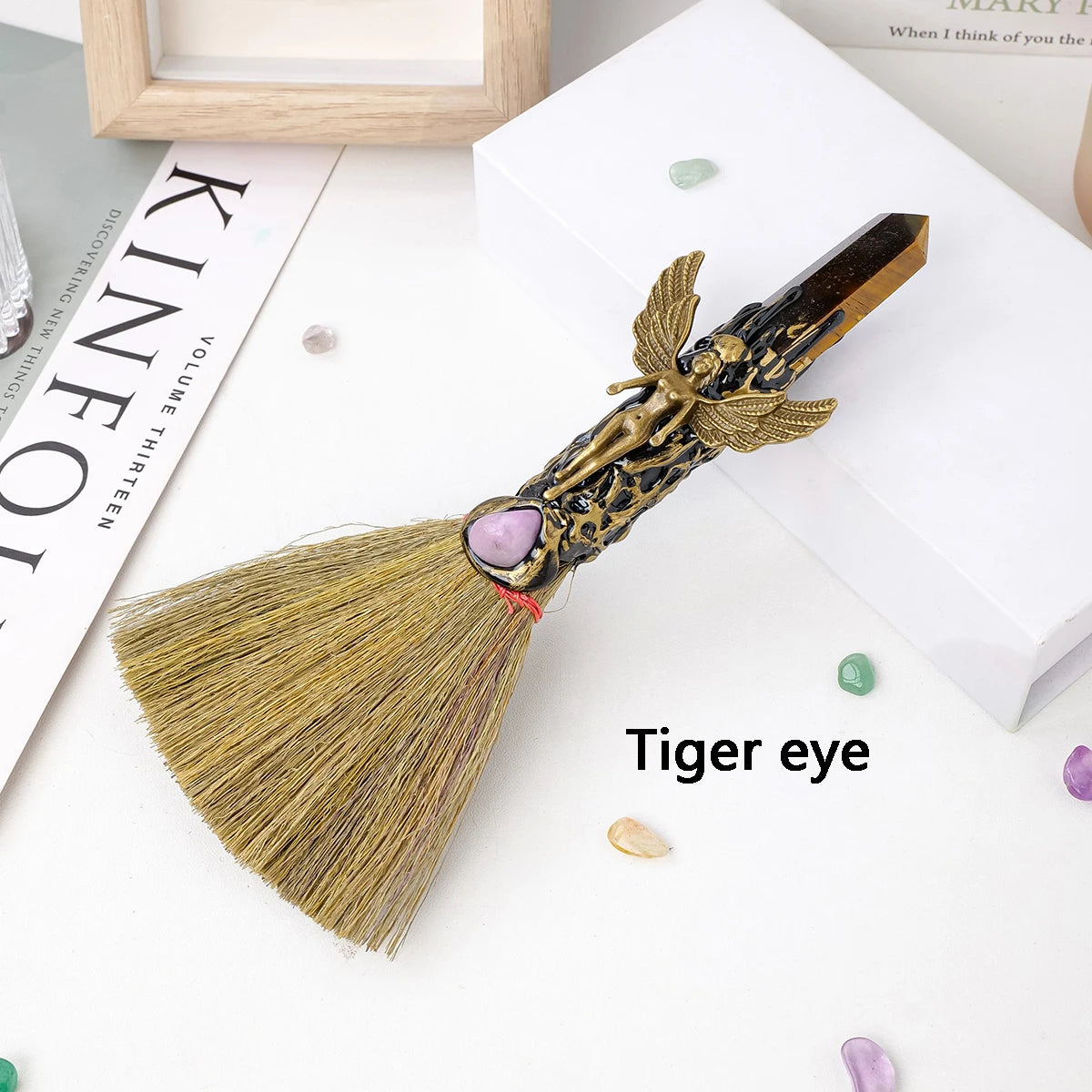 Crystal Broom Charm with Natural Gemstone Handle – Spiritual Home & Altar Decoration