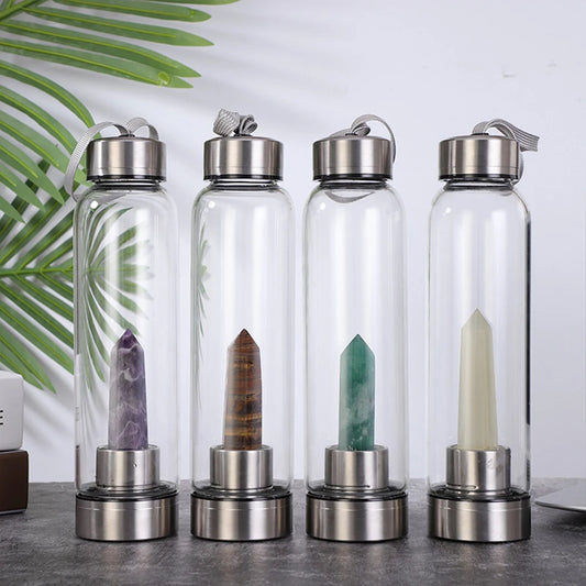Eco-Friendly Crystal Elixir Bottle – Natural Quartz Obelisk Wand in Glass for Healing Hydration & High-Vibe Living