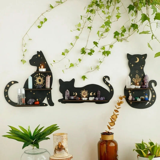 Black Cat Crystal Wall Shelf – Gothic Moon Tiered Wooden Display Rack for Crystals, Essential Oils & Decor