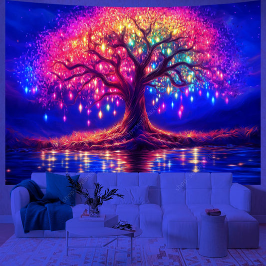 Rainbow Tree of Life Tapestry – Mystical Wall Art for Chakra Healing, Meditation & Sacred Spaces