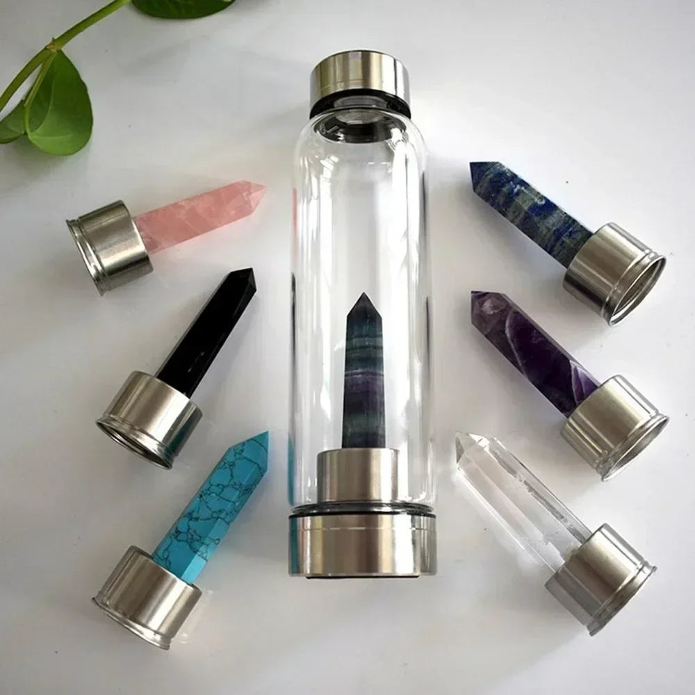 Crystal Elixir Water Bottle – Natural Quartz Healing Wand in Glass Bottle with Stainless Steel Lid – Gemstone Energy Cup for Wellness & Hydration