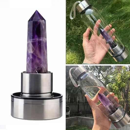 Crystal Elixir Water Bottle – Natural Quartz Healing Wand in Glass Bottle with Stainless Steel Lid – Gemstone Energy Cup for Wellness & Hydration