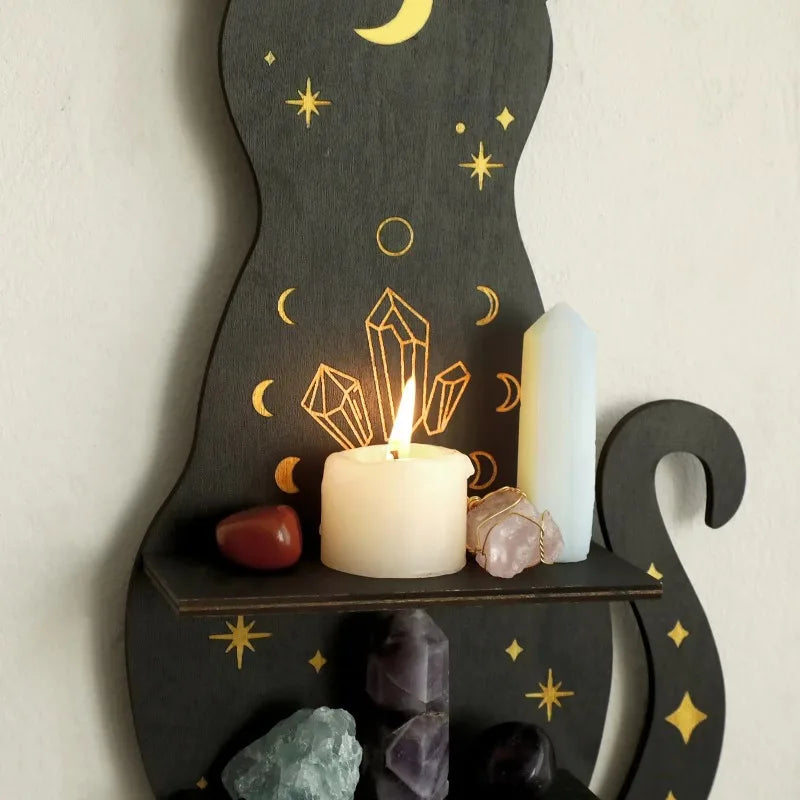 Mystic Black Cat Moon Shelf – Triple-Tier Crystal Display & Wall Altar for Sacred Stones & Spiritual Decor