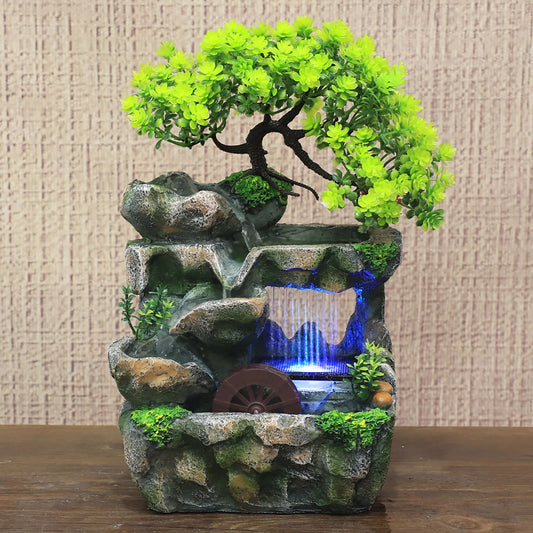 Tranquil Flow:  Ceramic Zen Fountain with Bonsai Accent