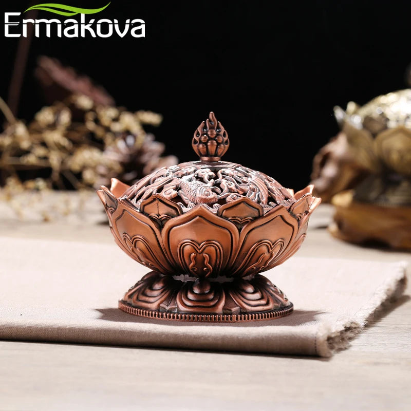 ERMAKOVA Lotus Incense Burner – Ornate Metal Censer for Meditation, Zen Decor & Spiritual Rituals