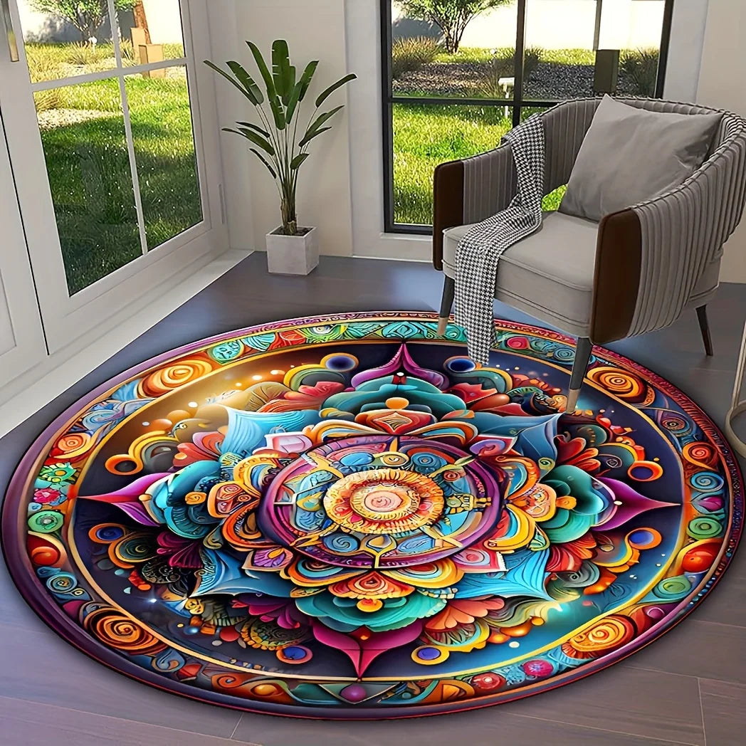 Sacred Bloom Mandala Rug – Vibrant Round Energy Mat for Meditation, Living Spaces & Soulful Decor