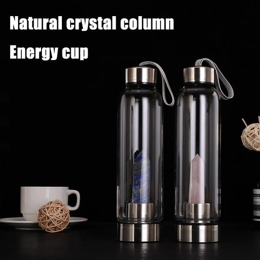 Crystal Infused Glass Water Bottle with Natural Gemstone Obelisk – Healing Elixir Quartz Crystal Drinkware with Rope