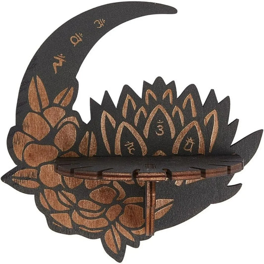 Lotus Moon Crystal Shelf – Rustic Wooden Wall Shelf for Crystals, Essential Oils & Trinkets – Boho Spiritual Home Decor