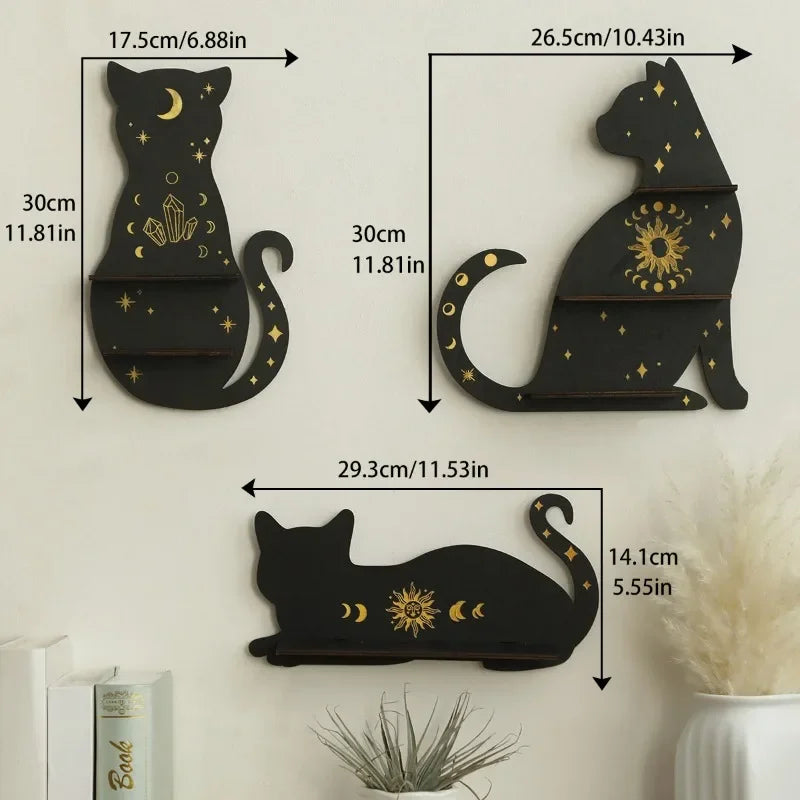Black Cat Crystal Wall Shelf – Gothic Moon Tiered Wooden Display Rack for Crystals, Essential Oils & Decor
