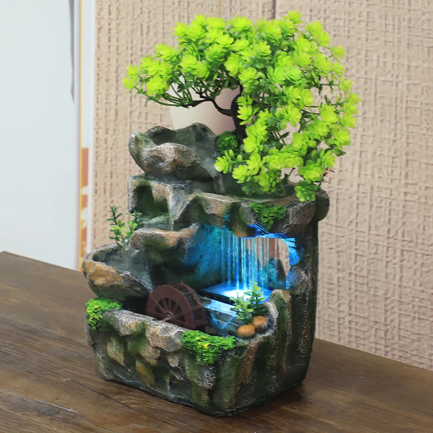 Tranquil Flow:  Ceramic Zen Fountain with Bonsai Accent