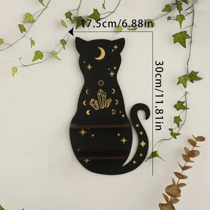 Black Cat Crystal Wall Shelf – Gothic Moon Tiered Wooden Display Rack for Crystals, Essential Oils & Decor