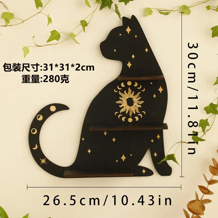 Mystic Black Cat Moon Shelf – Triple-Tier Crystal Display & Wall Altar for Sacred Stones & Spiritual Decor