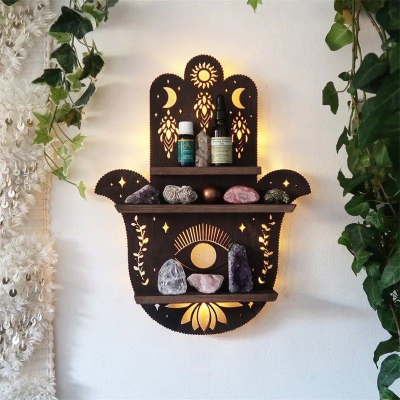 Luna Moth Crystal Shelf with LED Light – Wooden Wall Shelf for Healing Crystals & Home Decor