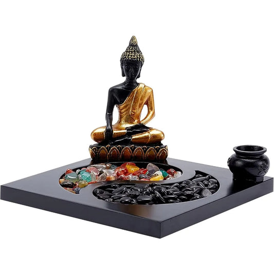 Mini Zen Sand Garden Set with Buddha & Yin Yang Tray – Crystal Stone Sandbox for Meditation & Mindfulness Decor