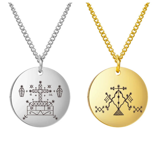 Vodou Veve Pendant Necklace Collection – Stainless Steel Amulets of the Loa (Agwe, Ezili Dantor, Ogoun, Gran Bwa, Papa Legba)