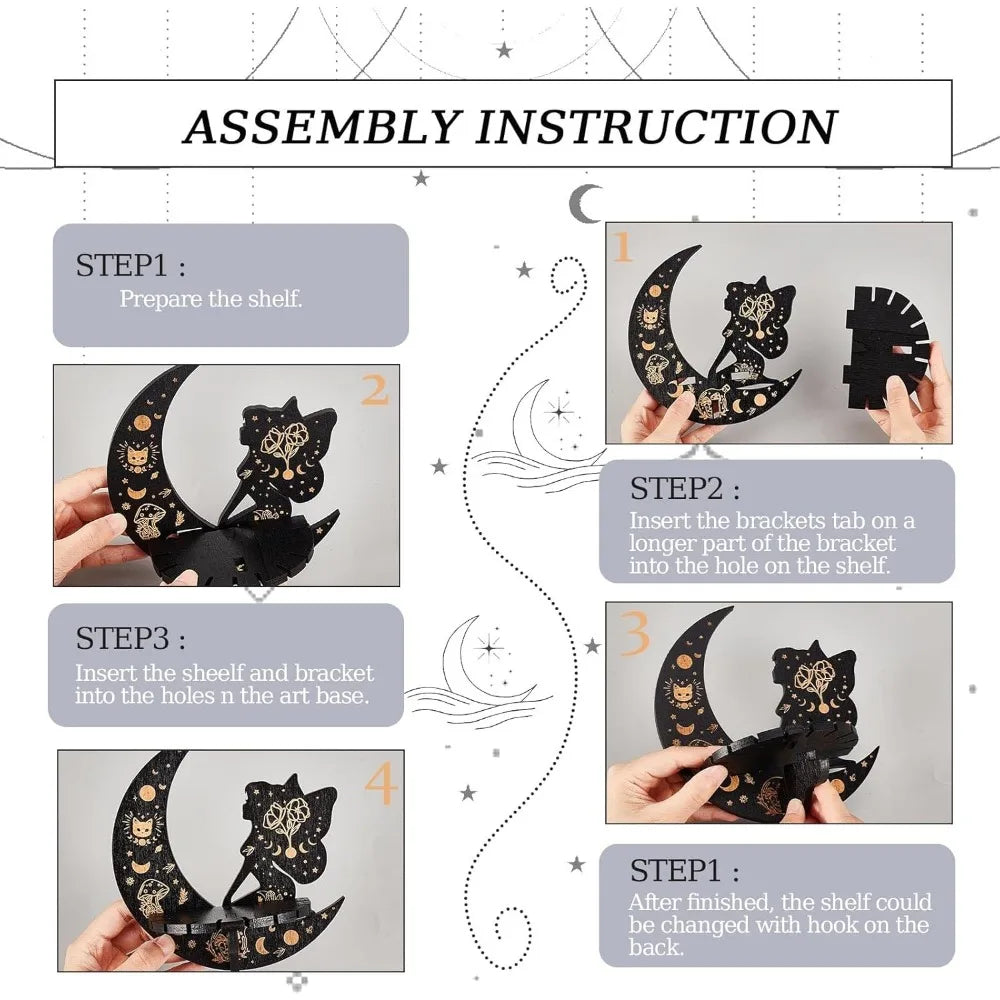 Moon Elfin Crystal Display Shelf – Cat & Mushroom Carved Wooden Wall Shelf for Crystals, Oils & Decor