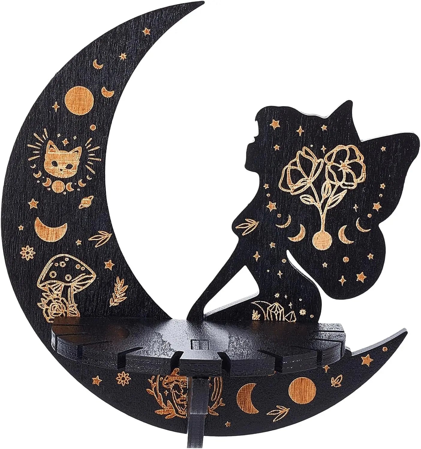 Moon Elfin Crystal Display Shelf – Cat & Mushroom Carved Wooden Wall Shelf for Crystals, Oils & Decor