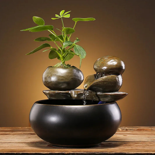 Whispers of Earth – Zen Ceramic Tabletop Fountain with Leaf Accent