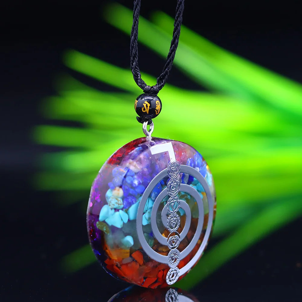 7 Chakra Orgone Pendant Necklace – Reiki Energy Symbol “Cho Ku Rei” | Healing Crystal Amulet with Natural Stones