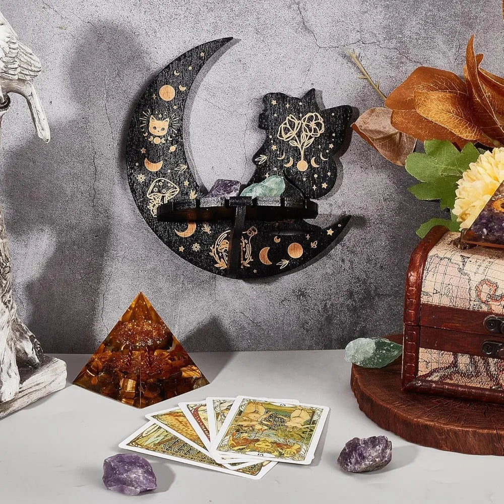 Moon Elfin Crystal Display Shelf – Cat & Mushroom Carved Wooden Wall Shelf for Crystals, Oils & Decor