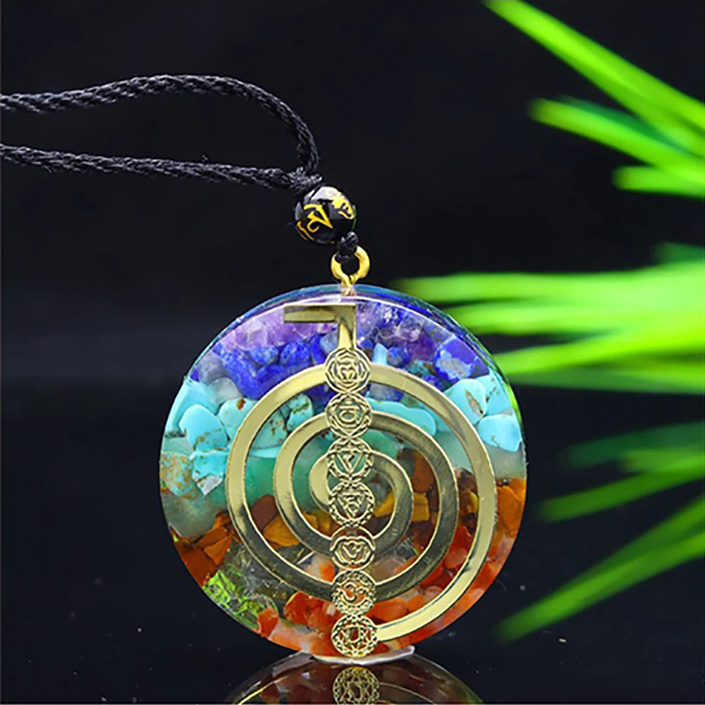 7 Chakra Orgone Pendant Necklace – Reiki Energy Symbol “Cho Ku Rei” | Healing Crystal Amulet with Natural Stones