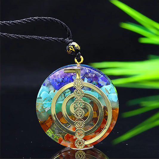 7 Chakra Orgone Pendant Necklace – Reiki Energy Symbol “Cho Ku Rei” | Healing Crystal Amulet with Natural Stones