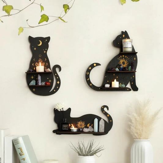 Mystic Black Cat Moon Shelf – Triple-Tier Crystal Display & Wall Altar for Sacred Stones & Spiritual Decor