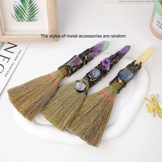 Crystal Broom Charm with Natural Gemstone Handle – Spiritual Home & Altar Decoration