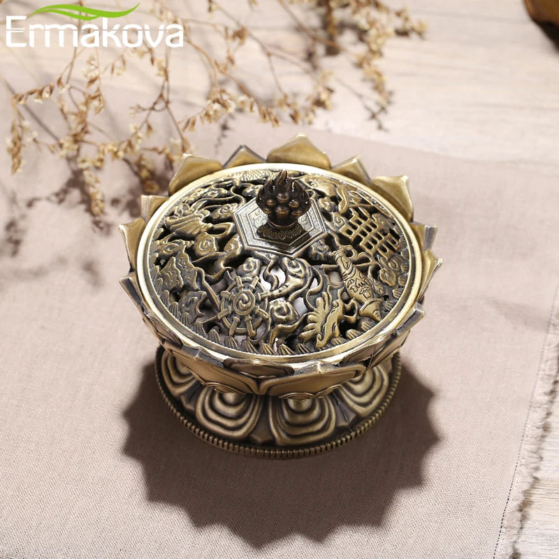 ERMAKOVA Lotus Incense Burner – Ornate Metal Censer for Meditation, Zen Decor & Spiritual Rituals