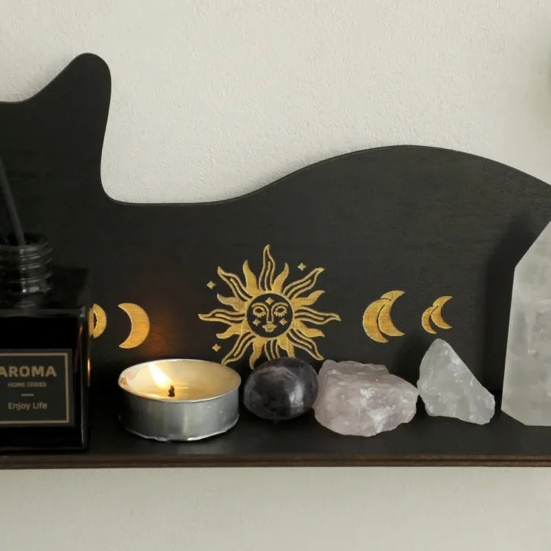 Black Cat Crystal Wall Shelf – Gothic Moon Tiered Wooden Display Rack for Crystals, Essential Oils & Decor