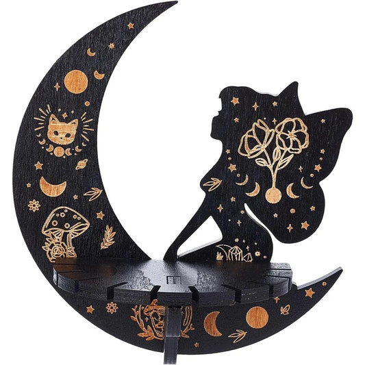 Moon Elfin Crystal Display Shelf – Cat & Mushroom Carved Wooden Wall Shelf for Crystals, Oils & Decor