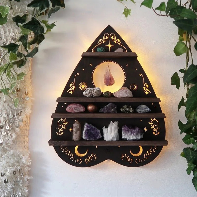 Luna Moth Crystal Shelf with LED Light – Wooden Wall Shelf for Healing Crystals & Home Decor